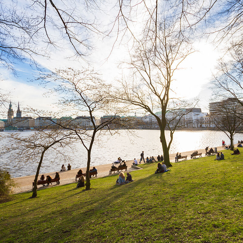 Besucher genießen eine sonnige Auszeit am Alsterufer in Hamburg