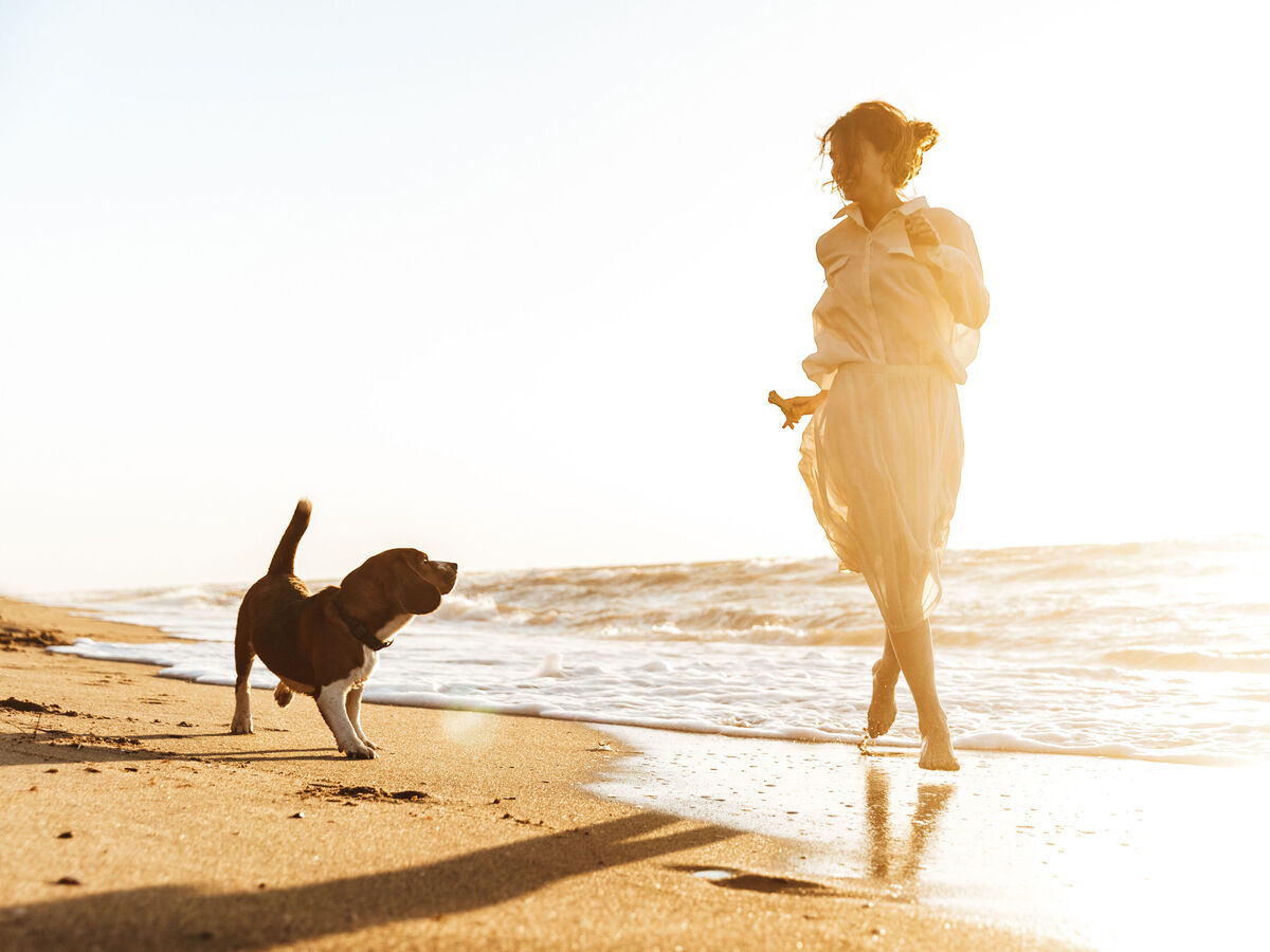 Eine Frau mit einem Hund läuft am Strand entlang, während die Sonne untergeht.