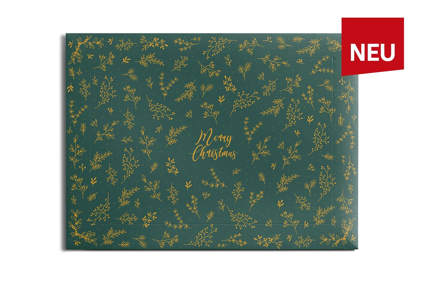 Grüne Geschenkverpackung mit der Aufschrift: Merry Christmas