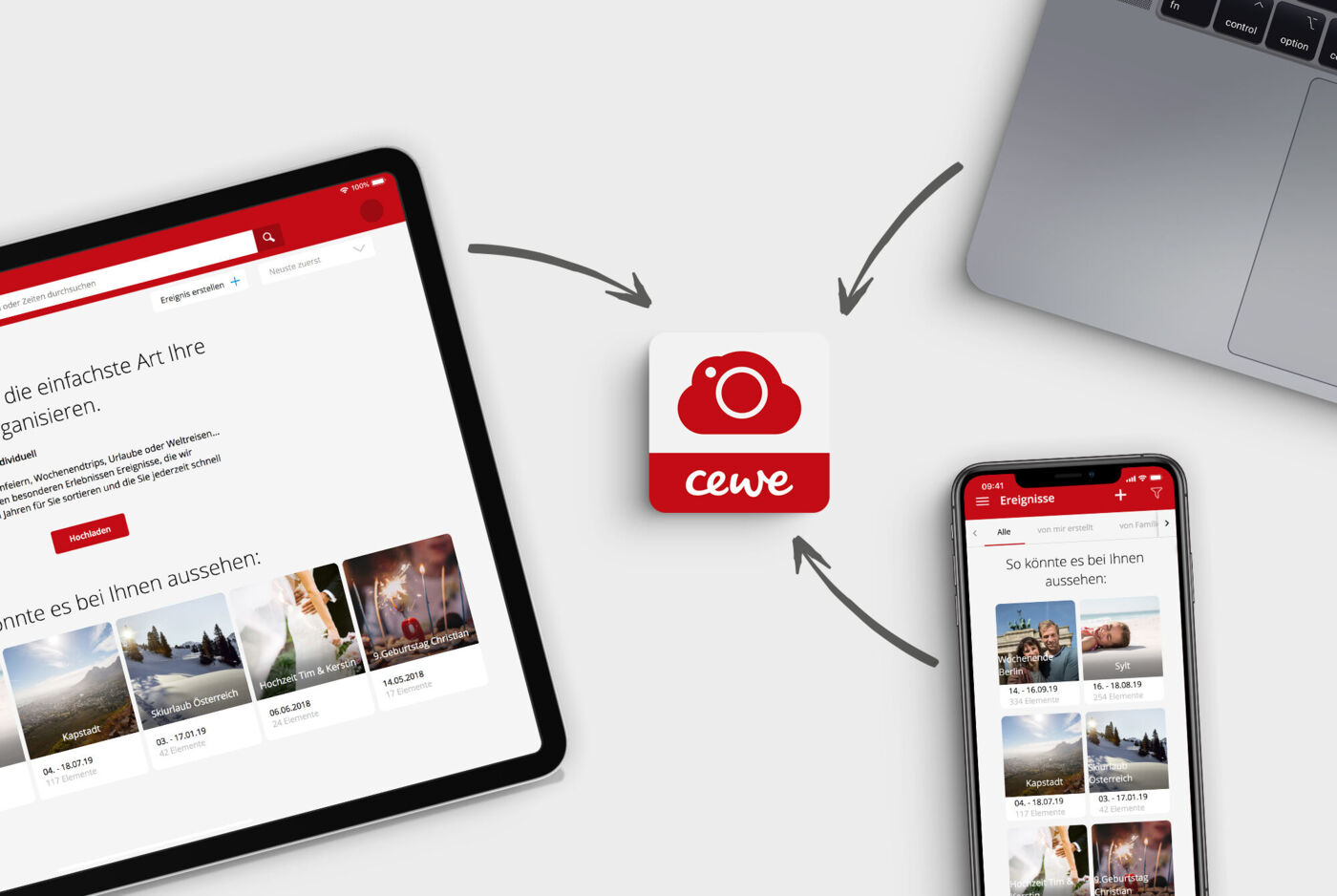 "Tablet, Laptop und Smartphone zeigen CEWE Anwendungen, von jedem Gerät zeigt ein Pfeil auf ein CEWE myPhotos Symbol. "