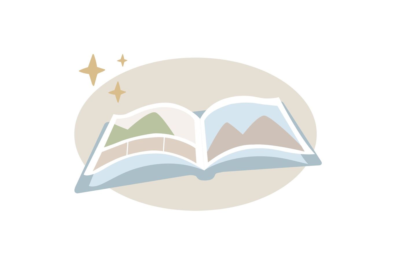 Illustration von einem offenen CEWE FOTOBUCH mit bunten Seiten und goldenen Sternen