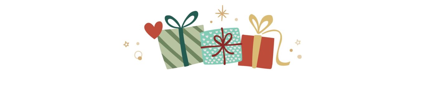 Illustration von drei bunten Geschenken mit Schleifen, Herz und goldenen Sternen