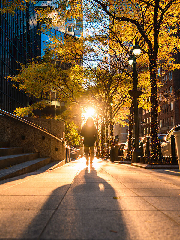 Eine Person geht auf einem schmalen Gehweg, umgeben von Bäumen mit leuchtend gelben Blättern, während die Sonne hinter ihr strahlt.