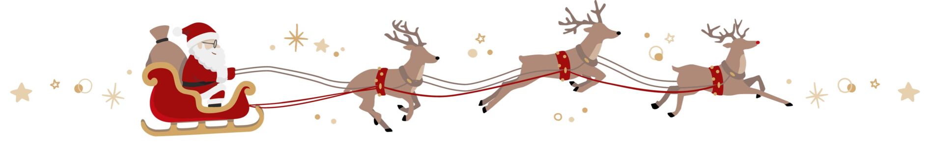  Illustration Schlitten mit Weihnachtsmann und Rentieren, umgeben von Sternen. 