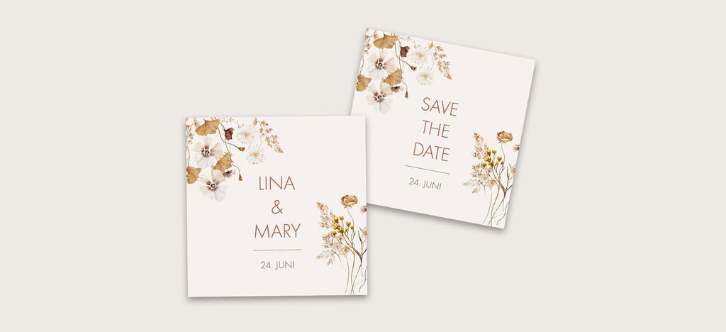 Zwei gemütliche Einladungskarten im floralem Design für eine Hochzeit, mit den Namen Lina und Mary und dem Datum 24. Juni