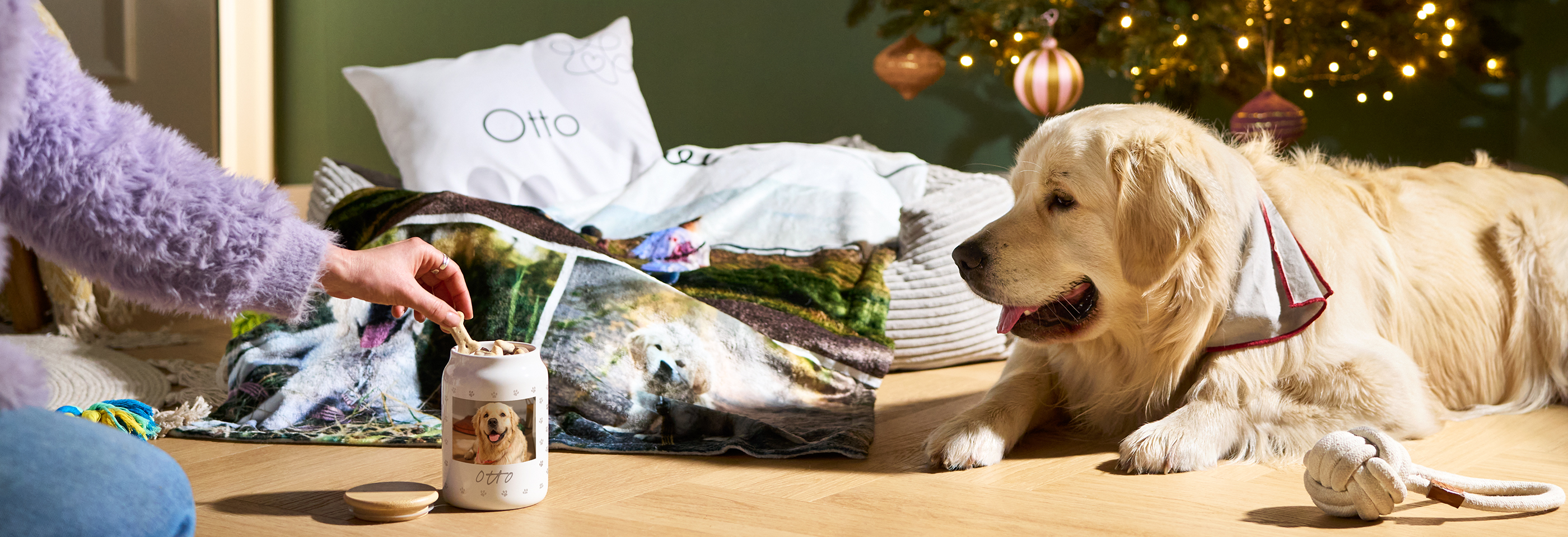 Golden Retriever liegt neben einer Fotodecke und Fotokissen mit Hundefoto in weihnachtlicher Umgebung auf dem Boden. Daneben steht eine Foto