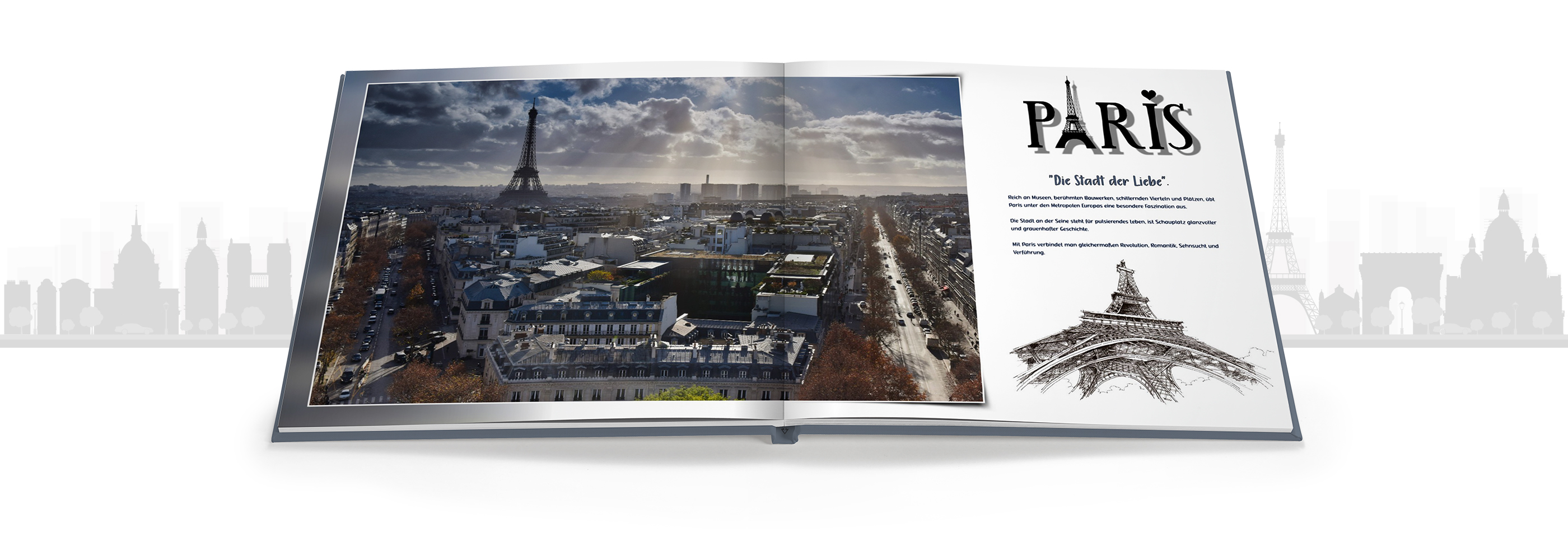 Ein aufgeschlagenes Fotobuch mit Bildern von Paris und dem Eiffelturm
