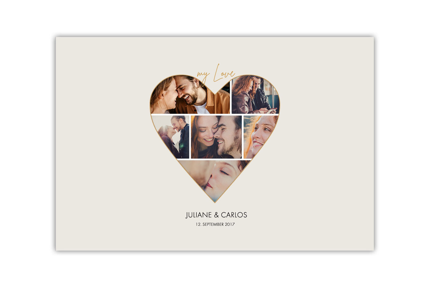 Herzförmiges Layout mit Fotos von Juliane und Carlos, das ihre Liebe zeigt