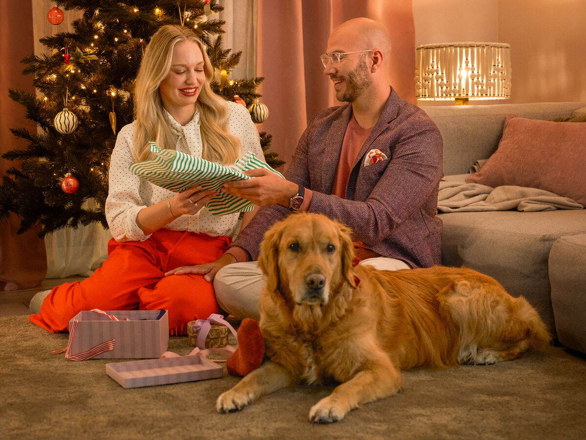 Zwei Personen sitzen mit Hund vor dem Weihnachtsbaum und überreichen sich liebevoll Geschenke.