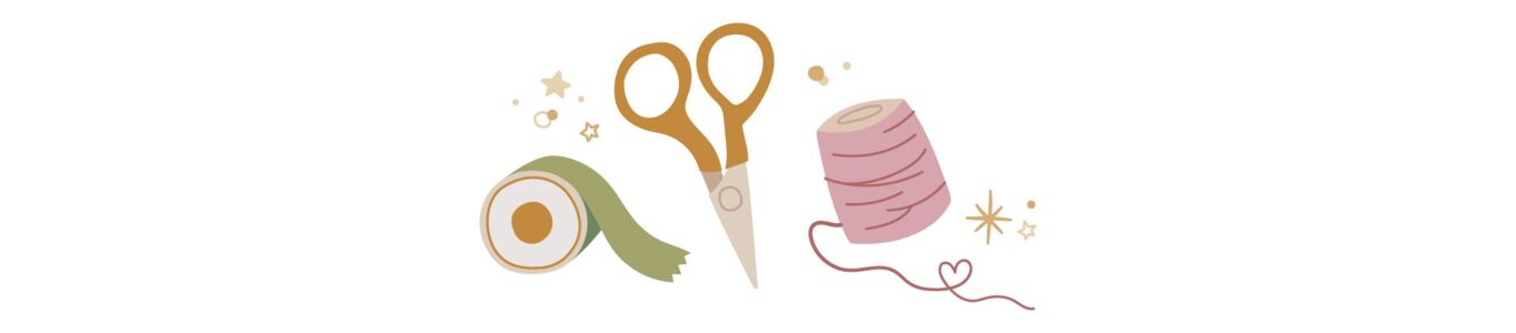  Illustration einer Schere, grünem Klebeband und rosafarbenem Garn umgeben von goldenen Sternen 