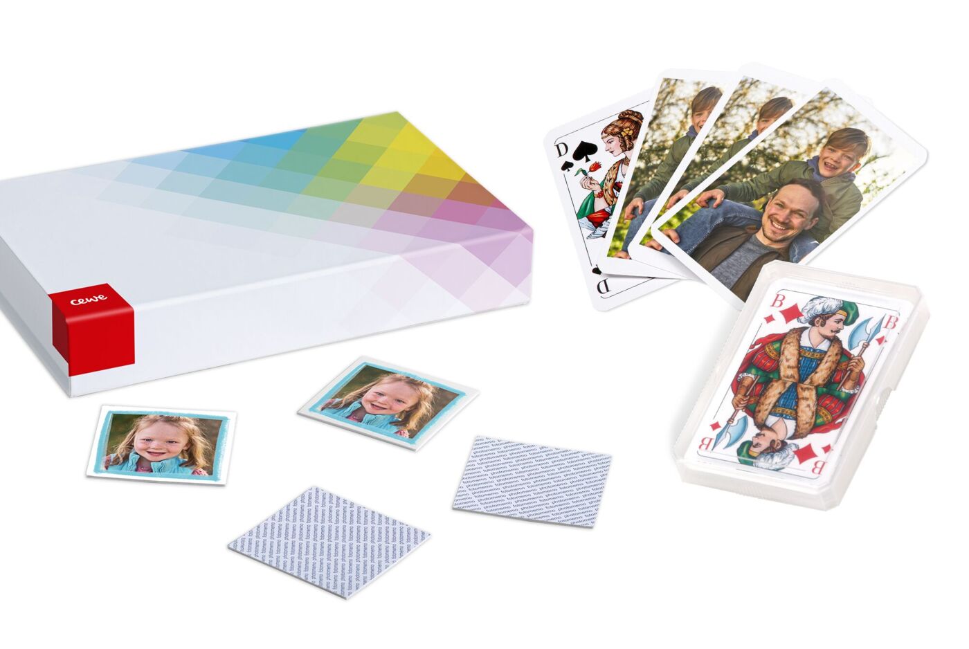Personalisiertes Foto-Memory mit bunter Aufbewahrungsbox und personalisierte Spielkarten mit Foto.