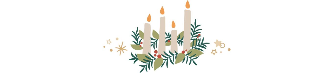 Illustration eines Adventskranzes mit vier Kerzen, Tannenzweigen und roten Beeren, umgeben von goldenen Sternen.