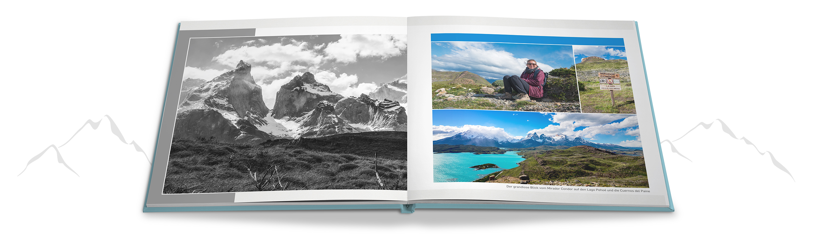Ein offenes Fotobuch mit Bildern von Bergen und einer Person, die die Aussicht genießt. Eine Schwarz-Weiß- und bunte Seite zeigen beeindruckende Landschaften.